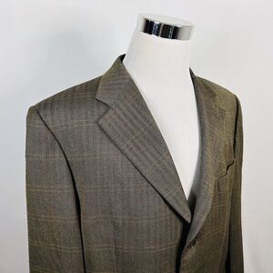 Faconnable 48L Sport Coat 100% Wool Green Herringbone Plaid Three Button Italy